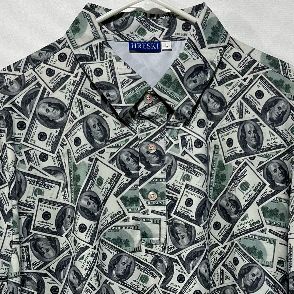 HRESKI Green & White $100 Money-Print Golf Polo Shirt Size Large NWOT - Picture 2 of 6